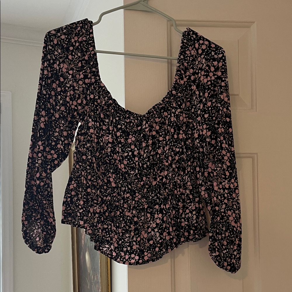 J. Crew Womens Black Floral Long-Sleeve Smocked Peplum Top